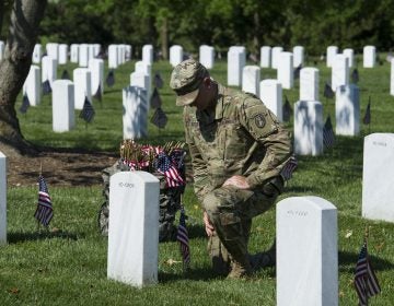 A member of the Army 3d U.S. Infantry Regiment, The Old Guard, pauses to honor a fallen soldier while places flags a the gravesite of the nation's fallen military heroes during its annual Flags In ceremony at Arlington National Cemetery, Thursday, May 24, 2018, in Arlington, Va. (AP Photo/Cliff Owen)