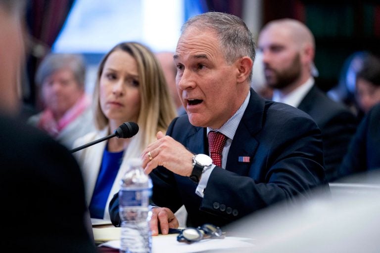 Environmental Protection Agency Administrator Scott Pruitt, accompanied by accompanied by Environmental Protection Agency Chief Financial Officer Holly Greaves, (left), testifies on the EPA FY2019 budget at a House Appropriations Subcommittee on Interior, Environment and Related Agencies on Capitol Hill in Washington, Thursday, April 26, 2018. (Andrew Harnik/AP Photo)