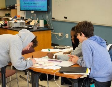 Ninth-graders at the Science Leadership Academy work on a group project in science class