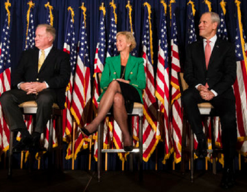 Candidates (from left) seeking the Republican Party’s nomination to challenge Democratic Gov. Tom Wolf’s re-election bid next year, Pennsylvania Sen. Scott Wagner R-York County, Laura Ellsworth and Paul Mango. (Matt Rourke/AP Photo)