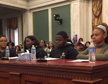 Youth advocates (from right) Beatriz Jimenez, Jihid Mayes, and Aqilah David at City Hall (Avi Wolfman-Arent/WHYY) 