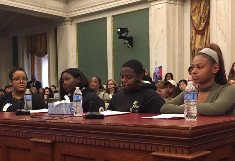 Youth advocates (from right) Beatriz Jimenez, Jihid Mayes, and Aqilah David at City Hall (Avi Wolfman-Arent/WHYY) 