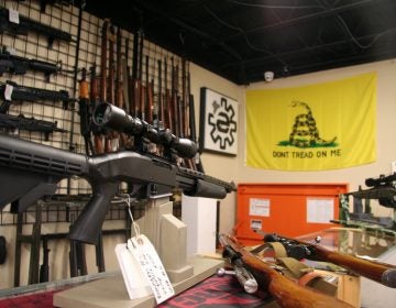 A display of rifles in a gun shop, with a flag that says 