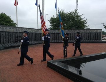 Service members and veterans participated in the annual Memorial Day service in New Castle, Delaware, Wednesday. (Zoe Read/WHYY)