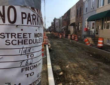 A temporary No Parking sign says street work is scheduled from 1/10/18 to T.B.D. (Jim Saksa/WHYY) 