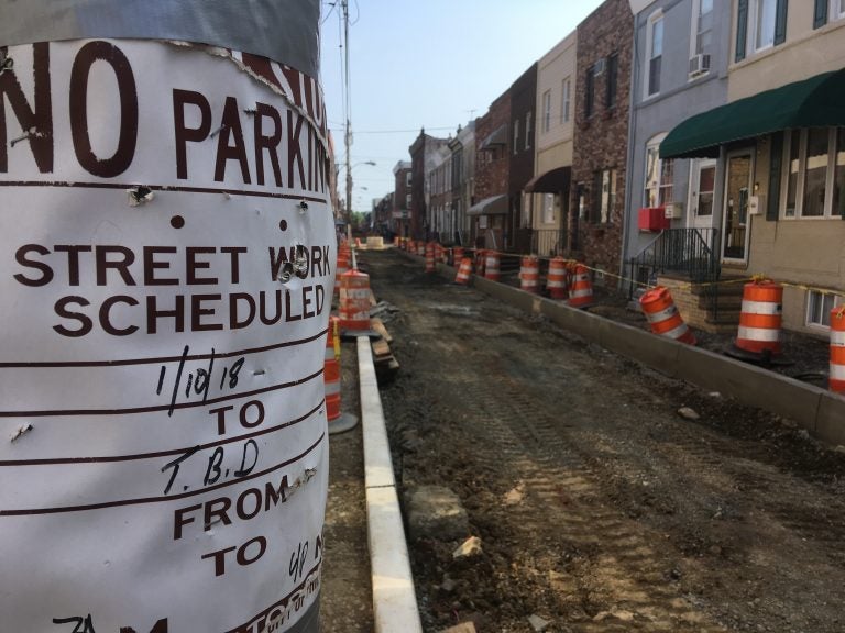 A temporary No Parking sign says street work is scheduled from 1/10/18 to T.B.D. (Jim Saksa/WHYY) 