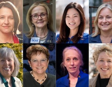 Clockwise from top left: Jess King (D), Madeleine Dean (D), Pearl Kim (R), Susan Wild (D), Chrissy Houlahan (D), Mary Gay Scanlon (D), Bibiana Boerio (D), and Susan Boser (D) won primary races for Pennsylvania congressional seats in the 2018 midterm. (Photos courtesy of campaigns, Emily Cohen/WHYY)    