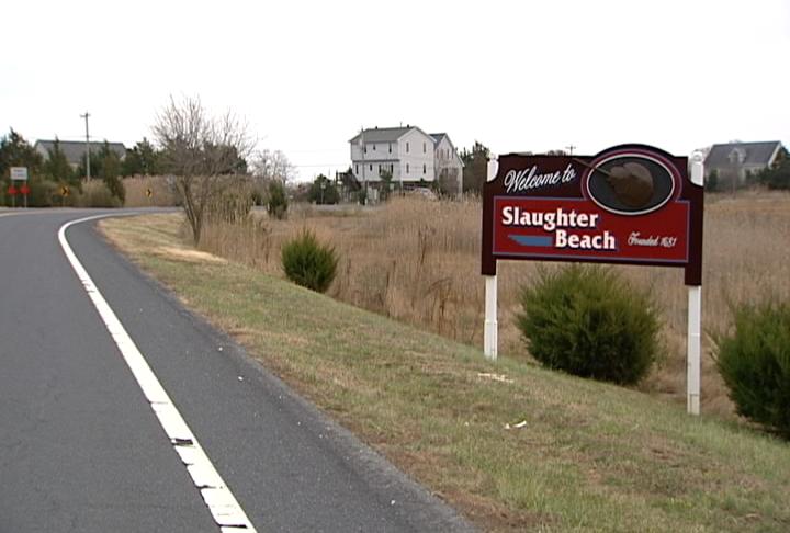 Slaughter sign Slaughter Beach is a sleepy little southern Delaware town situated along the Delaware Bay in Sussex County. (Charlie O'Neill/WHYY)