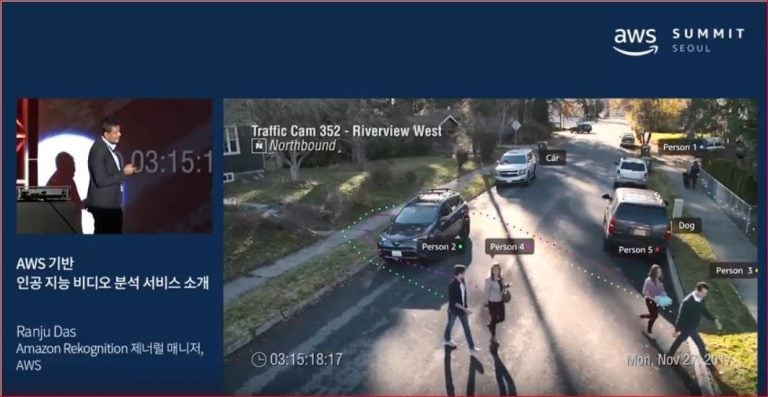 In this video, Amazon's Ranju Das demonstrates real-time facial recognition to an audience. It shows video from a traffic cam that he said was provided by the city of Orlando, where police have been trying the technology out.
(Amazon Web Services Korea via YouTube/Screenshot by NPR)