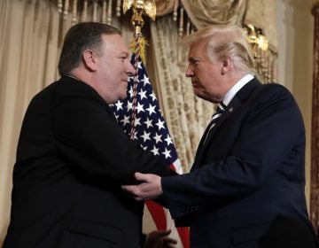 President Donald Trump participates in a ceremonial swearing-in for Secretary of State Mike Pompeo at the State Department on May 2. (Evan Vucci/AP)