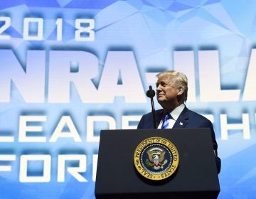 President Trump speaks at the National Rifle Association's annual convention in Dallas on Friday, the third year in a row he has addressed the gun lobby organization. (Susan Walsh/AP)