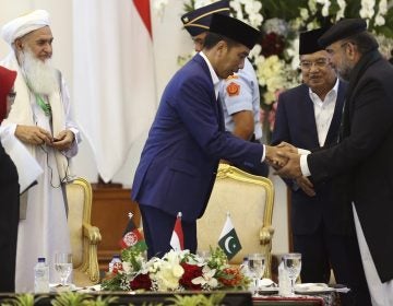 Scholars from Afghanistan, Pakistan and Indonesia attended a conference on Friday to discuss stability in Afghanistan. Indonesian President Joko Widodo (center) shakes hands with Qibla Ayaz, chairman of Pakistan's Council of Islamic Ideology. (Dita Alangkara/AP)