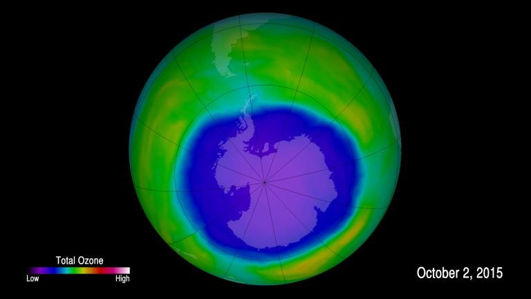 An image provided by NOAA shows the hole in the ozone layer in 2015. NOAA scientists now say emissions of one ozone-depleting chemical appear to be rising, even though the chemical has been banned and reported production has essentially been at zero for years.  (NOAA via AP)