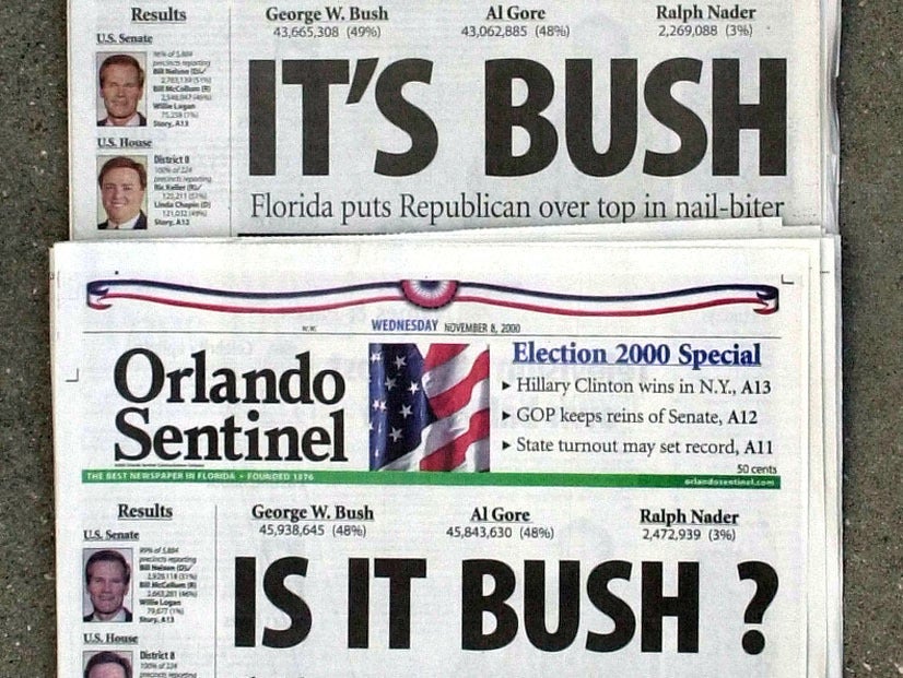 The Orlando Sentinel, shown from Nov. 8, 2000 with election night headlines about the state. The exit polls showed a tight race and many networks called Florida for Gore, then Bush.