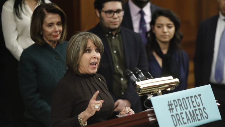 Rep. Michelle Lujan Grisham, D-N.M., speaks at a news conference calling for the passage of the Dream Act in January, along with House Democratic leader Nancy Pelosi. Lujan Grisham is one of five Democratic lawmakers, along with nine Republicans, receiving praise over immigration, in the form of paid ads, by the Koch network. (Aaron P. Bernstein/Getty Images)