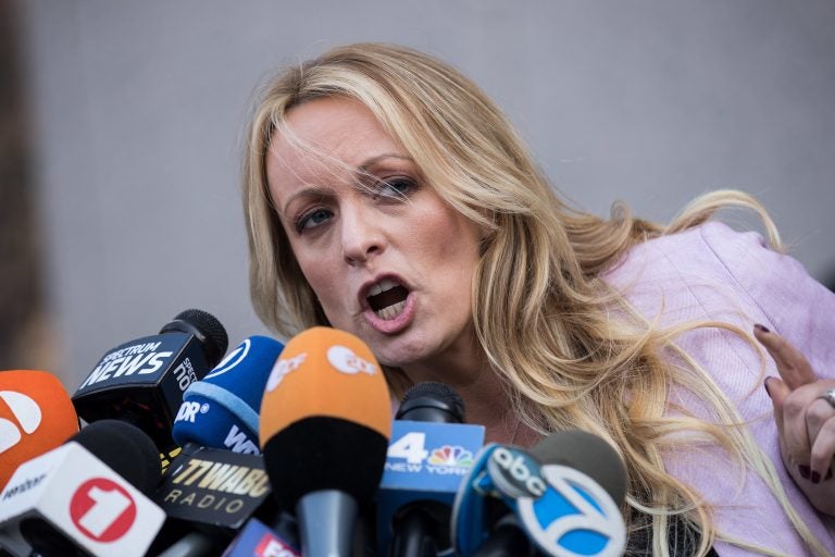 Adult film actress Stormy Daniels speaks to reporters as she exits a federal courthouse in New York City after a hearing related to Michael Cohen, President Trump’s longtime personal attorney and confidante on April 16, 2018. Adult film actress Stormy Daniels speaks to reporters as she exits a federal courthouse in New York City after a hearing related to Michael Cohen, President Trump's longtime personal attorney and confidante on April 16, 2018.