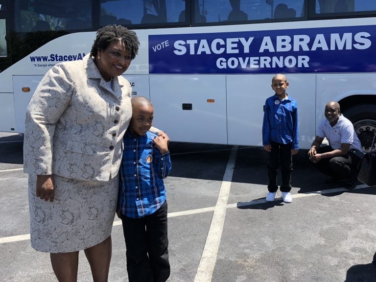 Democrat Stacey Abrams greets voters at an early vote event in DeKalb County, Ga. Abrams is in a competitive Democratic primary with an opponent who shares the same first name, Stacey Evans. (Asma Khalid/NPR)