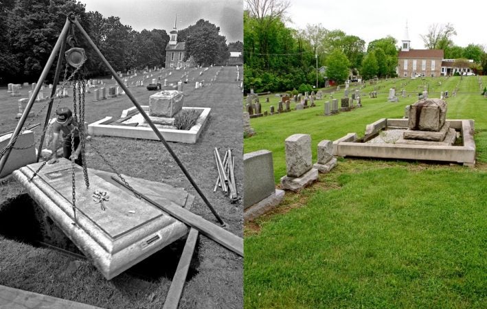 Elsie's grave is covered (left, © Bruce Katsiff) and the gravesite today in Carversville Cemetery. (Emma Lee/WHYY)