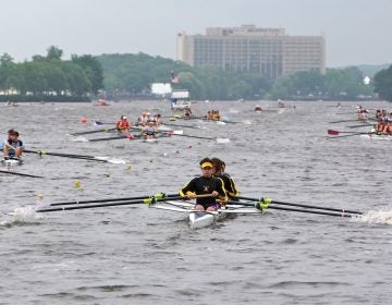 Teams line up on the Cooper River during time trials in the Stotesbury Cup high school rowing competition, which was hastily relocated because of dangerous conditions on the Schuylkill River.