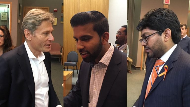 New Jersey 7th Congressional District candidates Tom Malinowski, Peter Jacob, and Goutam Jois (WHYY/Dave Davies).