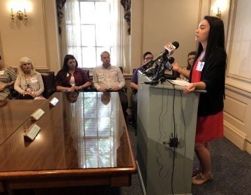 Emily Polecaro, 18, calls for a public recovery high school in Delaware at Legislative Hall in Dover Tuesday. (Shirley Min/WHYY)