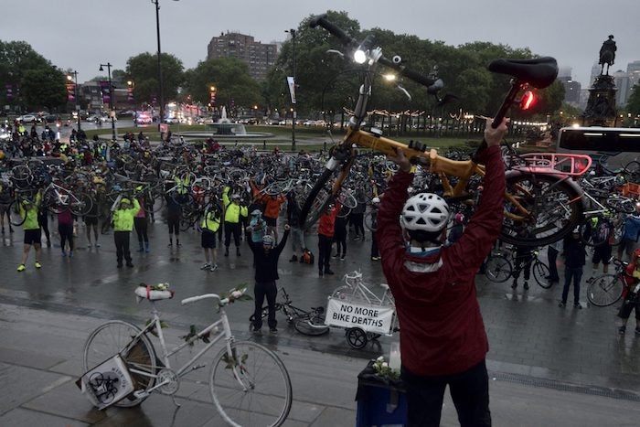 Cyclists at
Philadelphia’s 14th Annual Ride of Silence on May 16th, 2018. (Bastiaan Slabbers for WHYY)