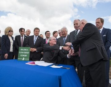 Gov. Phil Murphy signs legislation committing up to $300 million a year from New Jersey ratepayers to three nuclear power plants in Salem County.  The subsidy is needed to keep the plants functioning in light of increasing competition from natural gas-generated energy. (Phil Murphy/WHYY)