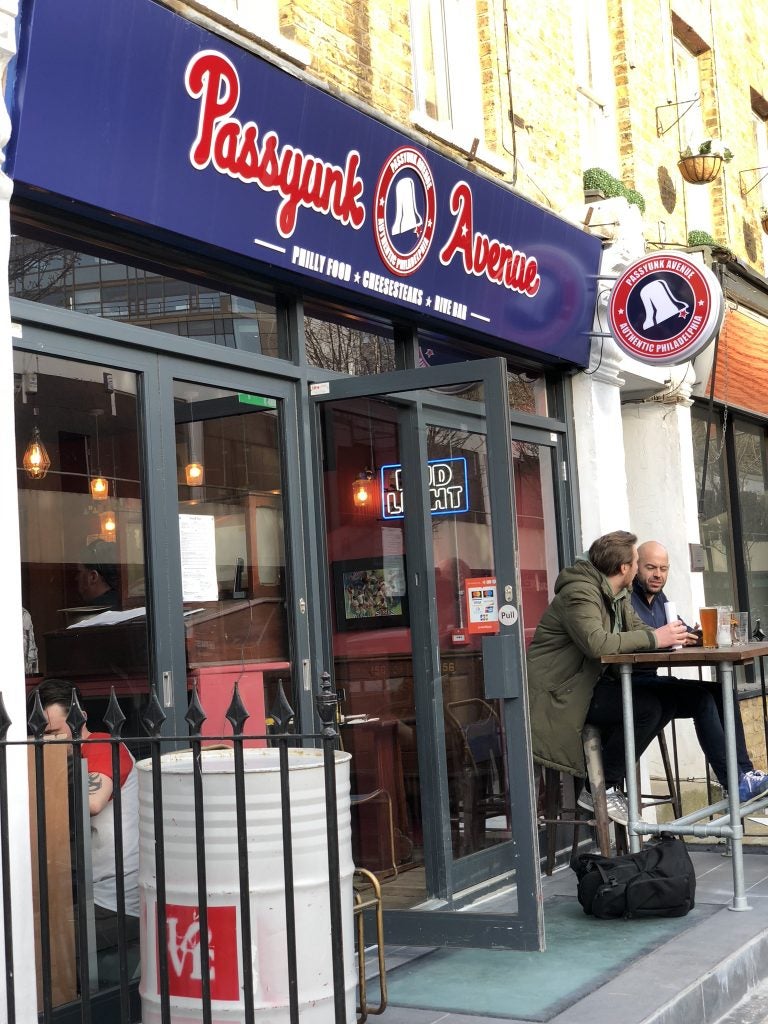 The entrance to Passyunk Avenue, a Philly-themed dive bar in London's posh Fitzrovia neighborhood.