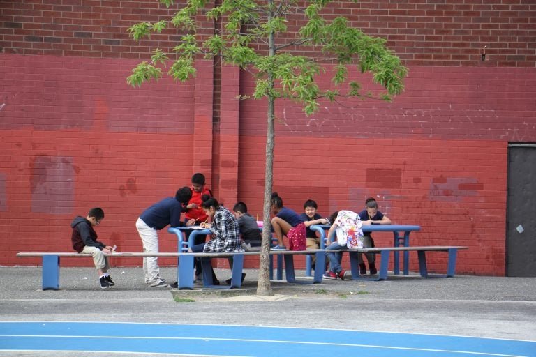 File photo: Trees shade outdoor learning spaces on the Taggart School playground. (Emma Lee/WHYY)
