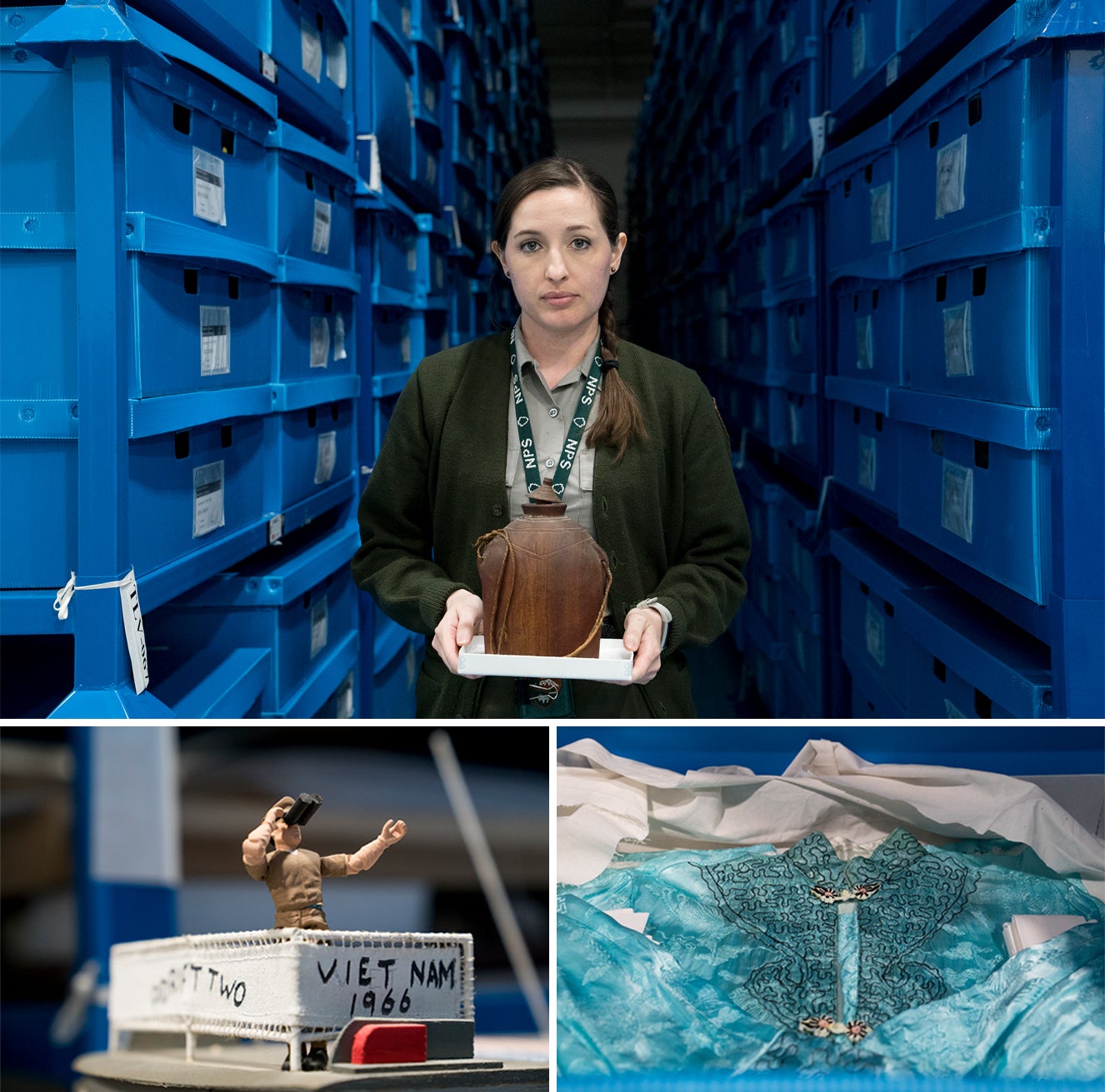 (Above) Janet Folkerts, curator for the Vietnam Veterans Memorial museum collection, holds a container of unidentified cremains at the Museum Resource Center in Landover, Md. (Below) A 3-foot-tall model of a U.S. watercraft (left) and a traditional Vietnamese dress are among the artifacts left at the wall that have become part of the permanent collection. Eslah Attar/NPR