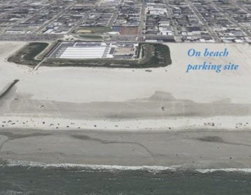 This Google Earth view is looking west. The large complex on the beach is the Wildwoods Convention Center. (Google Earth)