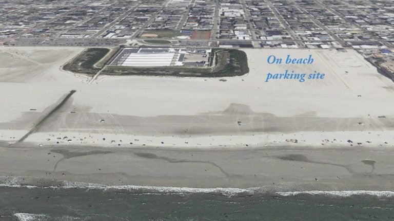 This Google Earth view is looking west. The large complex on the beach is the Wildwoods Convention Center. (Google Earth)