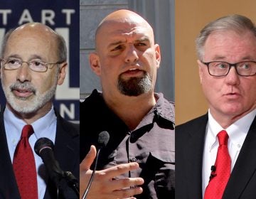 (From left) Pa. Gov. Tom Wolf; Democratic nominee for lieutenant governor John Fetterman; and GOP nominee for Pa. governor, Scott Wagner (WHYY file photos)