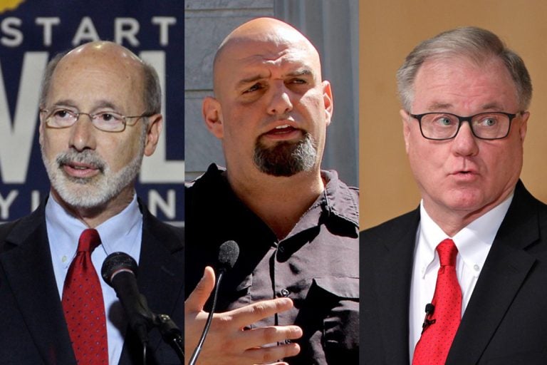 (From left) Pa. Gov. Tom Wolf; Democratic nominee for lieutenant governor John Fetterman; and GOP nominee for Pa. governor, Scott Wagner (WHYY file photos)