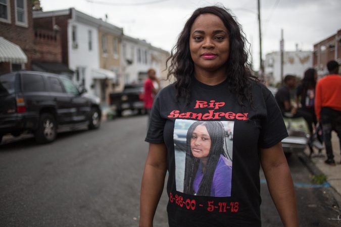 Naisha Rhoden, Sandrea’s aunt, attends the rally to bring justice for the death of her 17 year old niece three weeks after she was gunned down in a random act of violence outside of her mother’s West Philadelphia home on May 11th 2018. (Emily Cohen for WHYY)