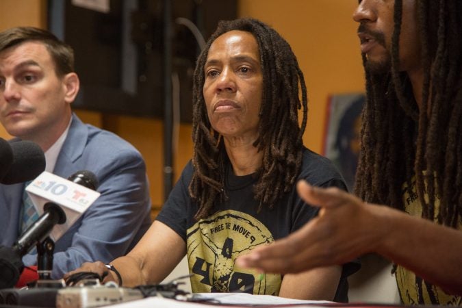 MOVE member Debbie Africa makes her first public appearance since being released from prison after 39 years and 10 months of incarceration on Tuesday. (Emily Cohen for WHYY)