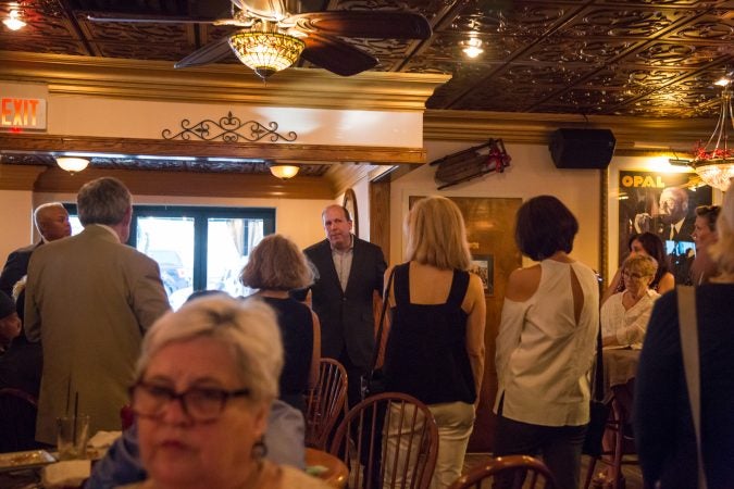 Pennsylvania state Sen. Daylin Leach talks to his supporters Thursday evening. (Emily Cohen for WHYY)