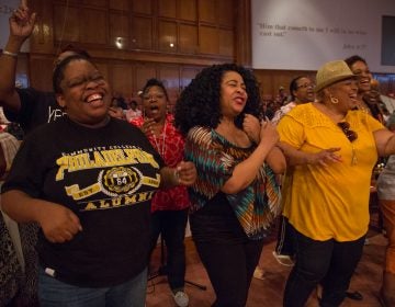 More than 100 faith singers and performers from across Philadelphia gather at Deliverance Evangelical Church in North Philadelphia on June 25 to rehearse for their gospel concert at Independence Hall as part of this year’s Wawa Welcome America celebration. (Emily Cohen for WHYY)