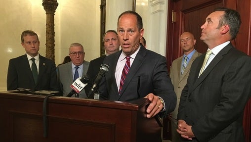 Senate GOP leaders speak to reporters after introducing an amendment to change how the commonwealth elects judges. (Katie Meyer/WITF)