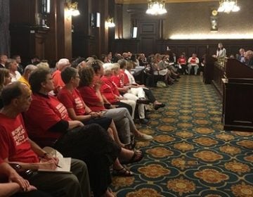 With members of the gun control group Moms Demand Action looking on, the House Judiciary Committee debated a number of gun bills. (Photo by Katie Meyer/WITF)