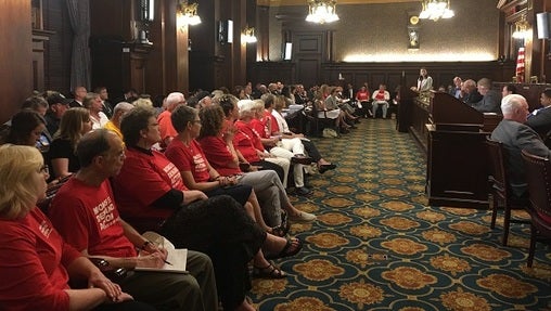 With members of the gun control group Moms Demand Action looking on, the House Judiciary Committee debated a number of gun bills. (Photo by Katie Meyer/WITF)