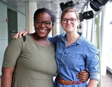 Ayanna McNair (left) and Bridget Biddle stop by WHYY to tell their story. McNair is a formerly incarcerated single mother who recently got a licence to start a food truck business. Biddle is an advocate with the Maternity Care Coalition, which helped McNair. (Emma Lee/WHYY)