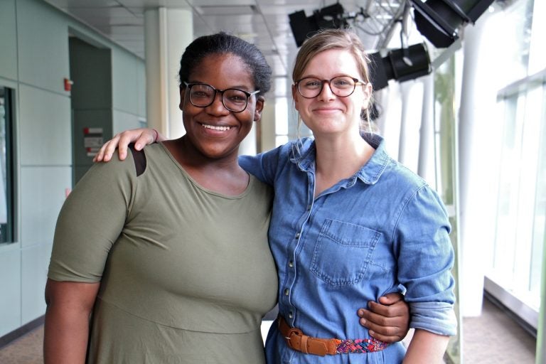 Ayanna McNair (left) and Bridget Biddle stop by WHYY to tell their story. McNair is a formerly incarcerated single mother who recently got a licence to start a food truck business. Biddle is an advocate with the Maternity Care Coalition, which helped McNair. (Emma Lee/WHYY)