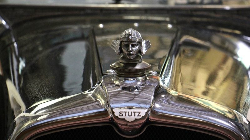 A hood ornament gleams on a 1928 Stutz BB Blackhawk Speedster, America's fastest car in 1928. (Emma Lee/WHYY)