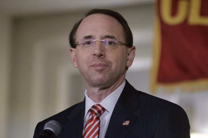 Deputy Attorney General Rod Rosenstein delivers the keynote speech during the annual alumni dinner of Central High School in Philadelphia on Tuesday evening. (Bastiaan Slabbers for WHYY)