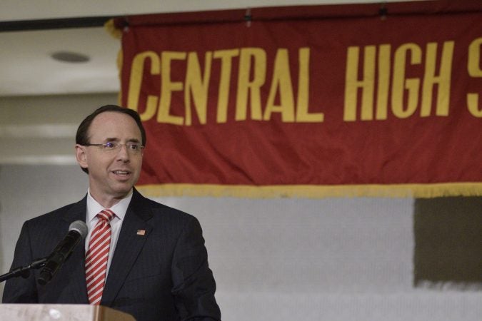 Deputy Attorney General Rod Rosenstein delivers the keynote speech during the annual alumni dinner of Central High School in Philadelphia on Tuesday evening. (Bastiaan Slabbers for WHYY)