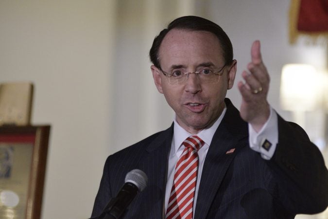 Deputy Attorney General Rod Rosenstein delivers the keynote speech during the annual alumni dinner of Central High School in Philadelphia on Tuesday evening. (Bastiaan Slabbers for WHYY)