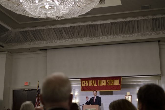 Deputy Attorney General Rod Rosenstein delivers the keynote speech during the annual alumni dinner of Central High School in Philadelphia on Tuesday evening. (Bastiaan Slabbers for WHYY)