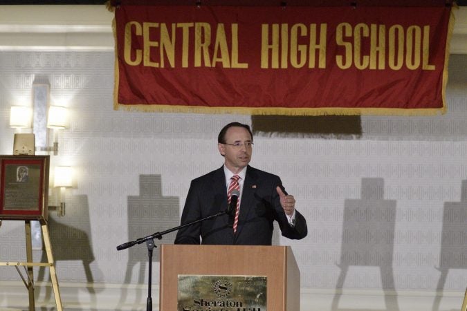 Deputy Attorney General Rod Rosenstein delivers the keynote speech during the annual alumni dinner of Central High School in Philadelphia on Tuesday evening. (Bastiaan Slabbers for WHYY)