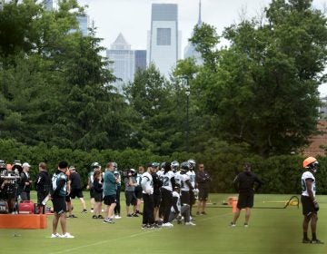 With Center City skyline seen as backdrop the Philadelphia Eagles practice at the NovaCare Complex in South Philadelphia a day after the canceled invite to the Super Bowl Championship celebration at the White House. (Bastiaan Slabbers for WHYY)